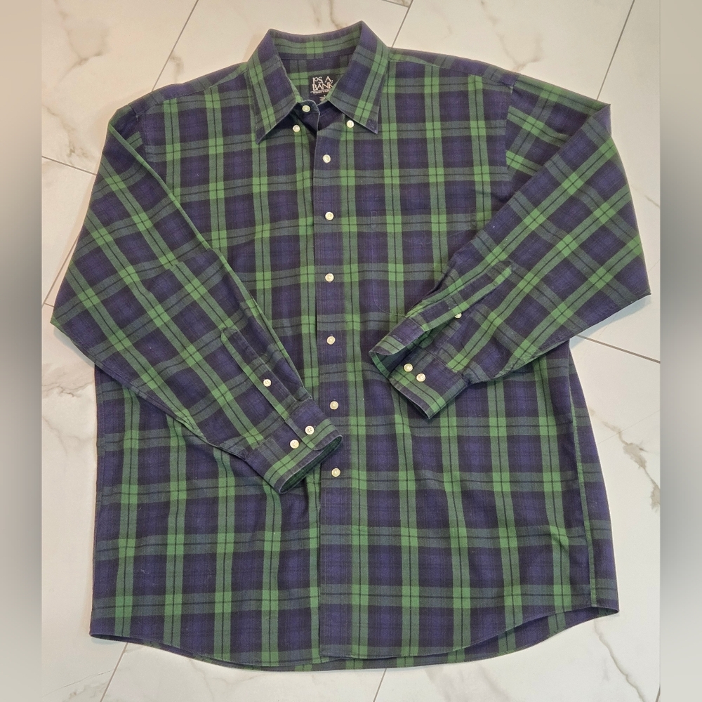 Jos. A. Bank Green Navy Blue Plaid Button Travelers Collection Men’s Size L